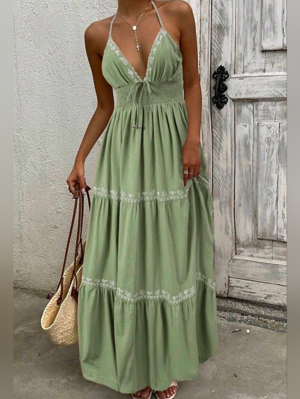 New Boho Embroidered Tie Halter Tiered Maxi Dress Light Green White